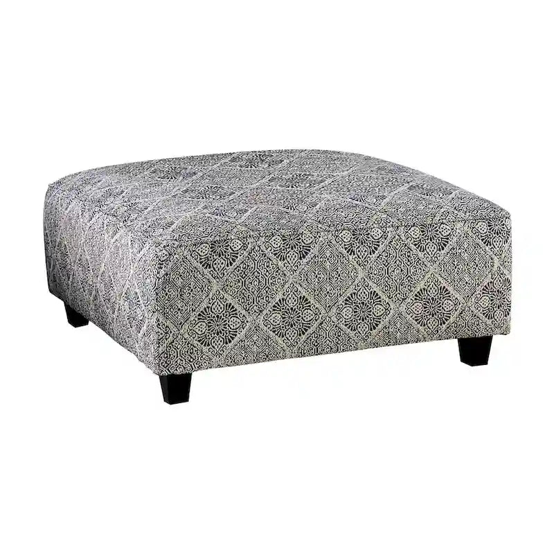 Stormy Transitional Grey Fabric Moroccan Print Cocktail Ottoman by Gracewood Hollow