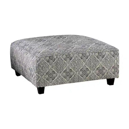 Stormy Transitional Grey Fabric Moroccan Print Cocktail Ottoman by Gracewood Hollow