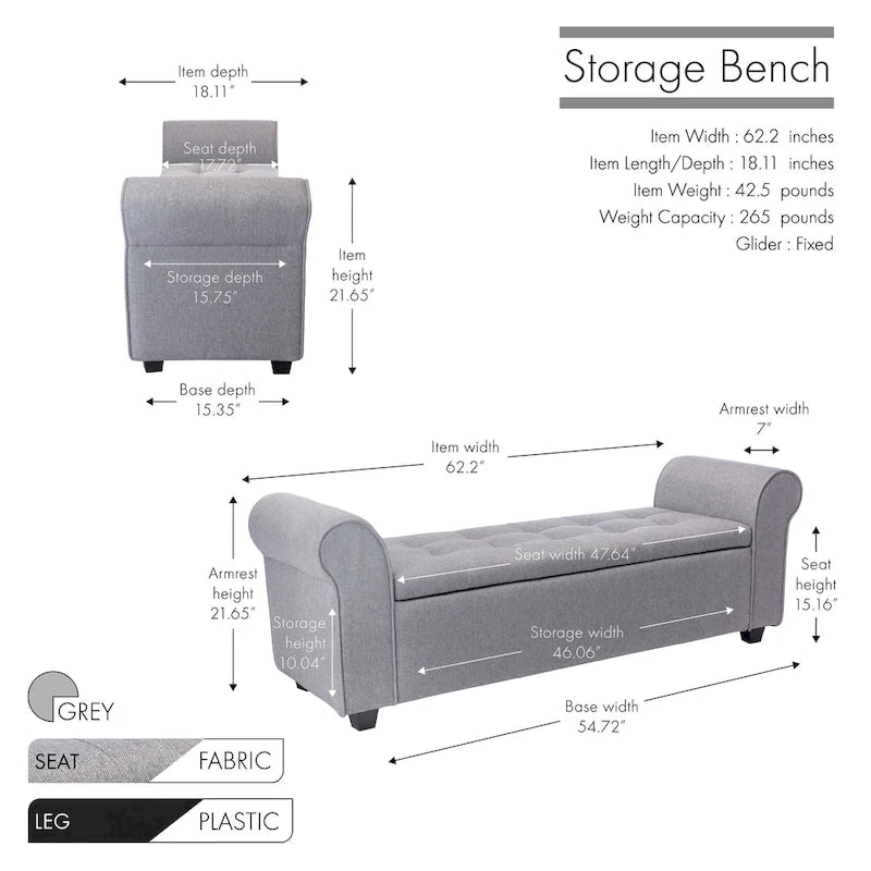 Porthos Home Wena Storage Bench, Rolled Armrests, Fabric Upholstery