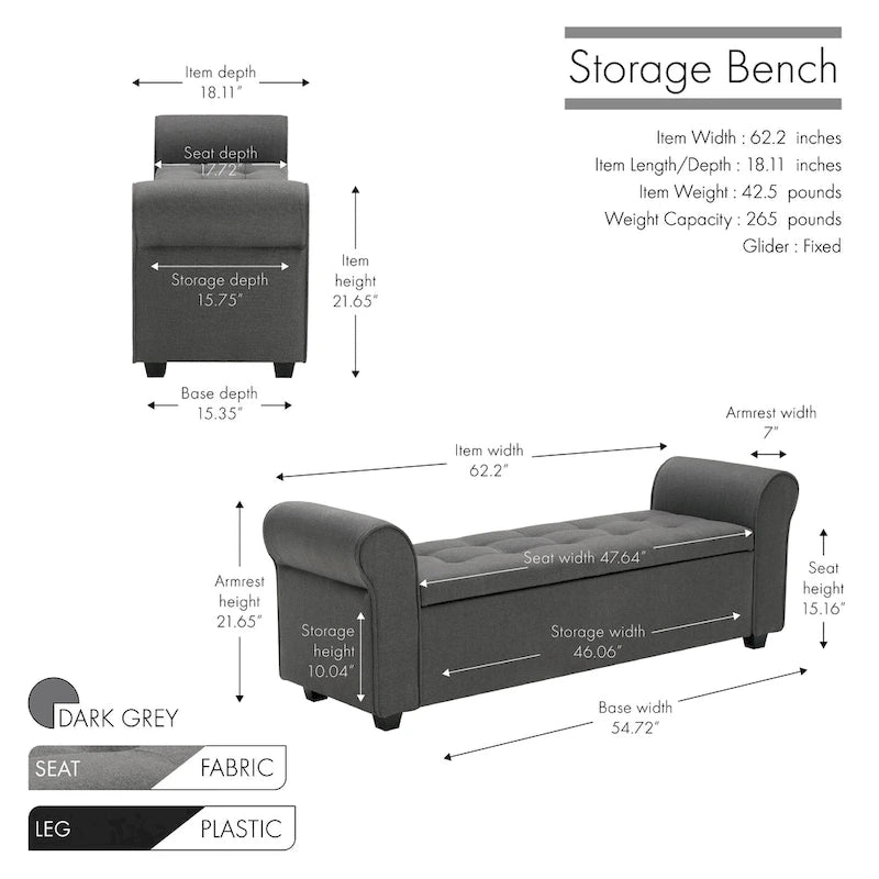 Porthos Home Wena Storage Bench, Rolled Armrests, Fabric Upholstery