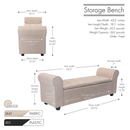 Porthos Home Wena Storage Bench, Rolled Armrests, Fabric Upholstery