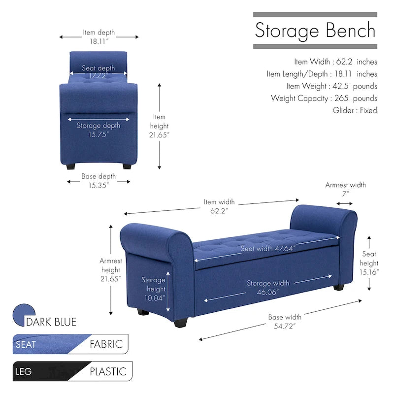 Porthos Home Wena Storage Bench, Rolled Armrests, Fabric Upholstery