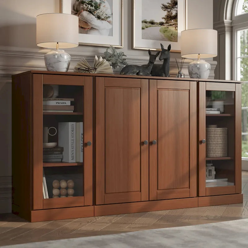 100% Solid Wood 65 Sideboard with Clear, Frosted Glass or Solid Wood Doors by Palace Imports