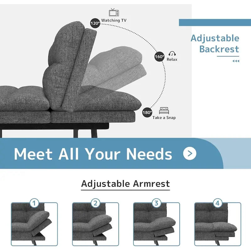 Modern Linen Futon with Memory Foam and Adjustable Armrests