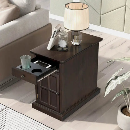 Classic Vintage End Table Side Table with USB Ports and 1 Multifunctional Drawer with Cup Holders