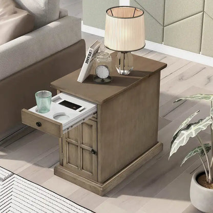 Classic Vintage End Table Side Table with USB Ports and 1 Multifunctional Drawer with Cup Holders