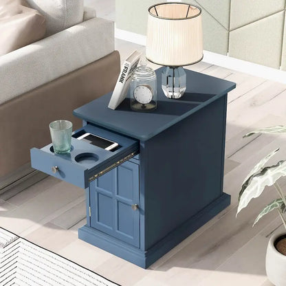 Classic Vintage End Table Side Table with USB Ports and 1 Multifunctional Drawer with Cup Holders