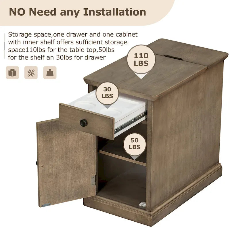 Classic Vintage End Table Side Table with USB Ports and 1 Multifunctional Drawer with Cup Holders