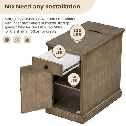 Classic Vintage End Table Side Table with USB Ports and 1 Multifunctional Drawer with Cup Holders