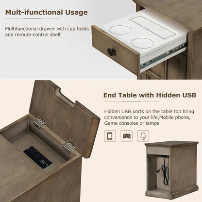 Classic Vintage End Table Side Table with USB Ports and 1 Multifunctional Drawer with Cup Holders