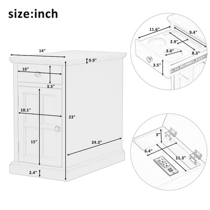 Classic Vintage End Table Side Table with USB Ports and 1 Multifunctional Drawer with Cup Holders