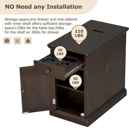 Classic Vintage End Table Side Table with USB Ports and 1 Multifunctional Drawer with Cup Holders