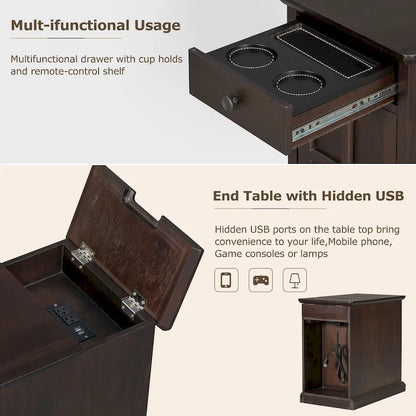 Classic Vintage End Table Side Table with USB Ports and 1 Multifunctional Drawer with Cup Holders