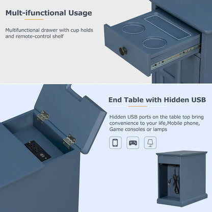 Classic Vintage End Table Side Table with USB Ports and 1 Multifunctional Drawer with Cup Holders