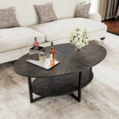 Solid Wood Oval Coffee Table with Cross Metal Legs