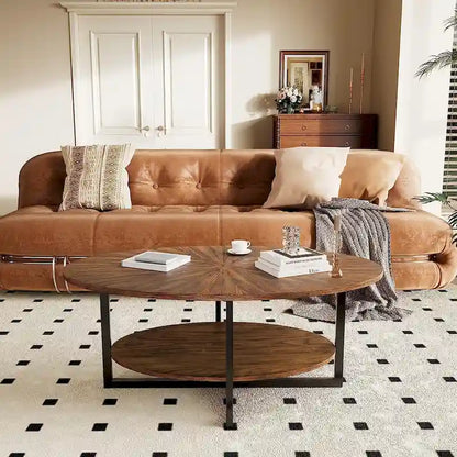 Solid Wood Oval Coffee Table with Cross Metal Legs