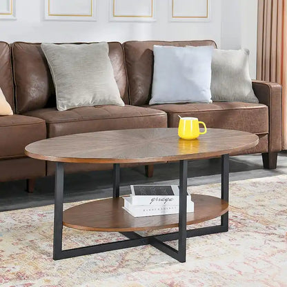 Solid Wood Oval Coffee Table with Cross Metal Legs