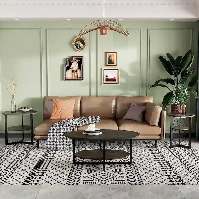 Solid Wood Oval Coffee Table with Cross Metal Legs
