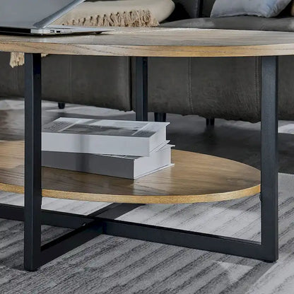 Solid Wood Oval Coffee Table with Cross Metal Legs