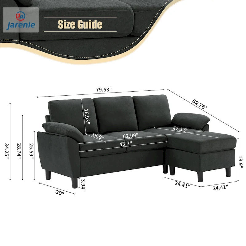 Modern Sectional Sofa Couch L Shaped with Removable Armrest, Convertible Couch with Reversible Ottoman for Living Room