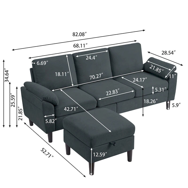 Modern Sectional Sofa Couch L Shaped with Removable Armrest, Convertible Couch with Reversible Ottoman for Living Room