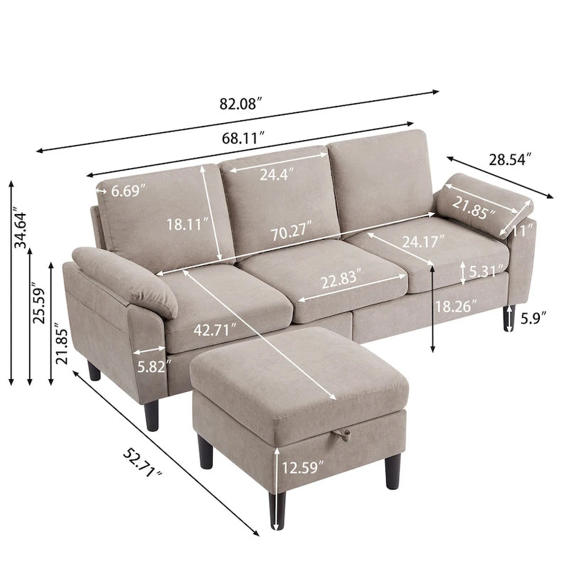 Modern Sectional Sofa Couch L Shaped with Removable Armrest, Convertible Couch with Reversible Ottoman for Living Room