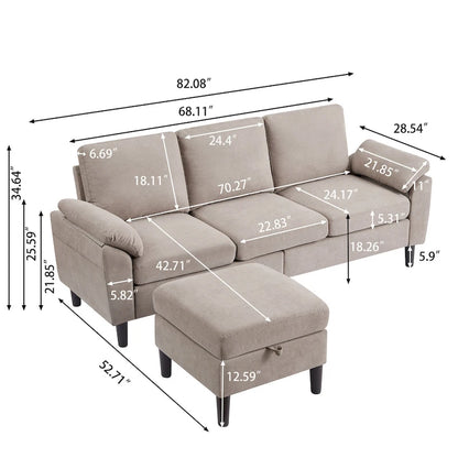 Modern Sectional Sofa Couch L Shaped with Removable Armrest, Convertible Couch with Reversible Ottoman for Living Room