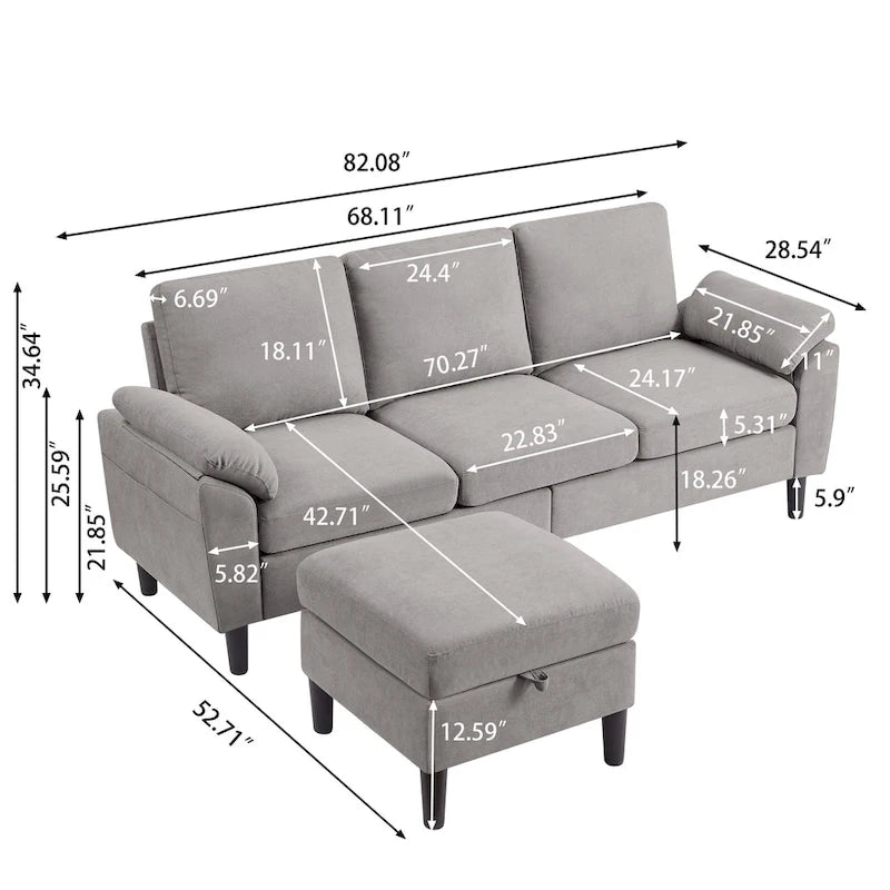 Modern Sectional Sofa Couch L Shaped with Removable Armrest, Convertible Couch with Reversible Ottoman for Living Room