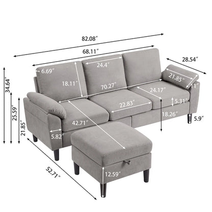 Modern Sectional Sofa Couch L Shaped with Removable Armrest, Convertible Couch with Reversible Ottoman for Living Room