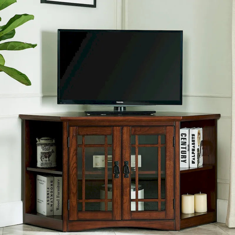 Leick Home Solid Wood Mission Oak Two Door Corner TV Stand