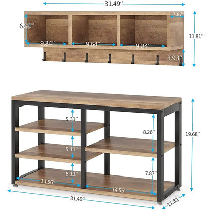 Entryway Coat Rack Shoe Bench Set, Industrial Hall Tree Coat Shoe Rack