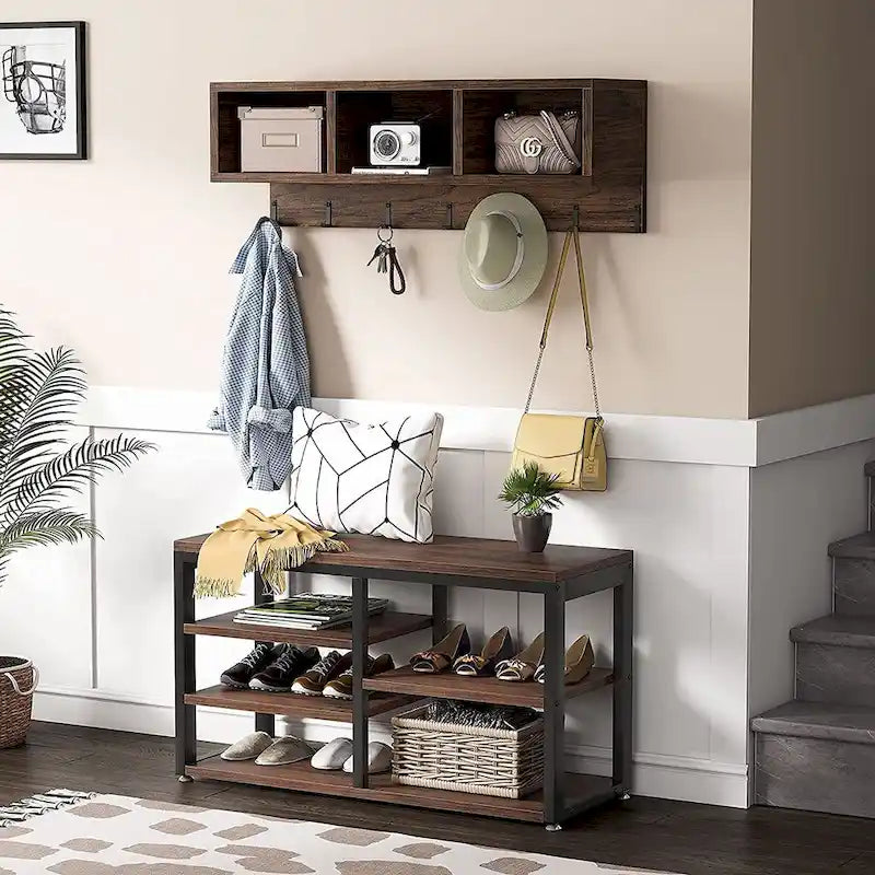 Entryway Coat Rack Shoe Bench Set, Industrial Hall Tree Coat Shoe Rack