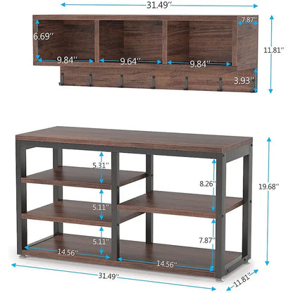 Entryway Coat Rack Shoe Bench Set, Industrial Hall Tree Coat Shoe Rack
