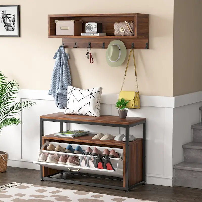 Entryway Coat Rack Shoe Bench Set, Industrial Hall Tree Coat Shoe Rack