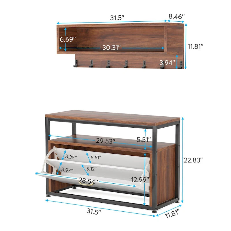Entryway Coat Rack Shoe Bench Set, Industrial Hall Tree Coat Shoe Rack