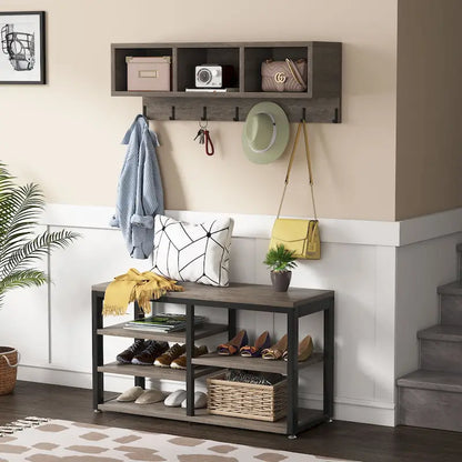 Entryway Coat Rack Shoe Bench Set, Industrial Hall Tree Coat Shoe Rack