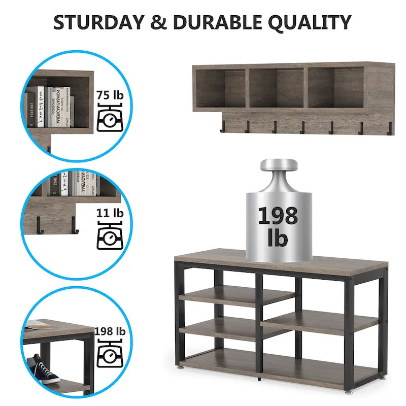 Entryway Coat Rack Shoe Bench Set, Industrial Hall Tree Coat Shoe Rack