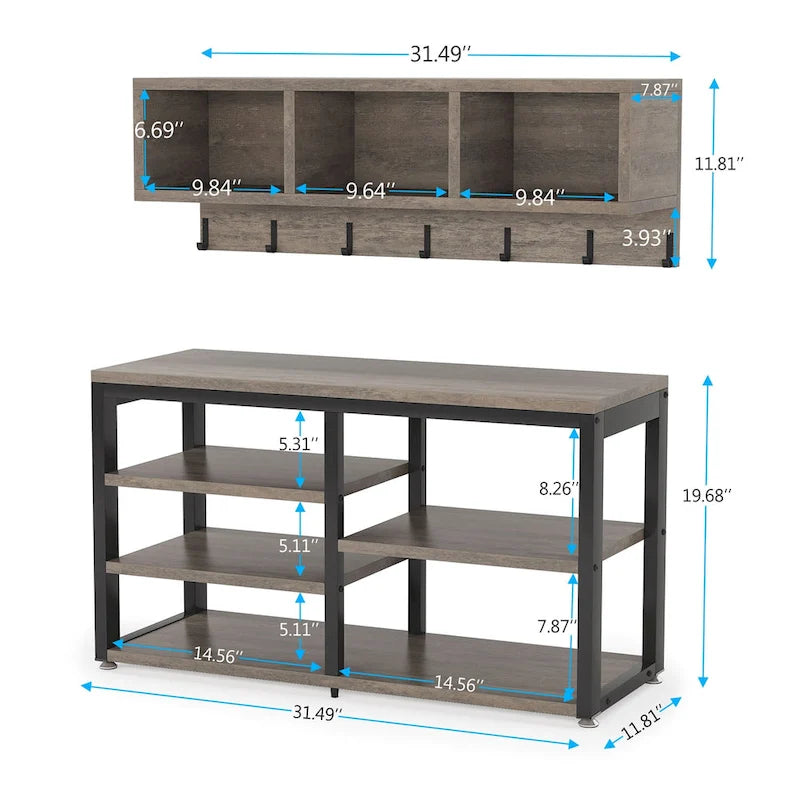 Entryway Coat Rack Shoe Bench Set, Industrial Hall Tree Coat Shoe Rack