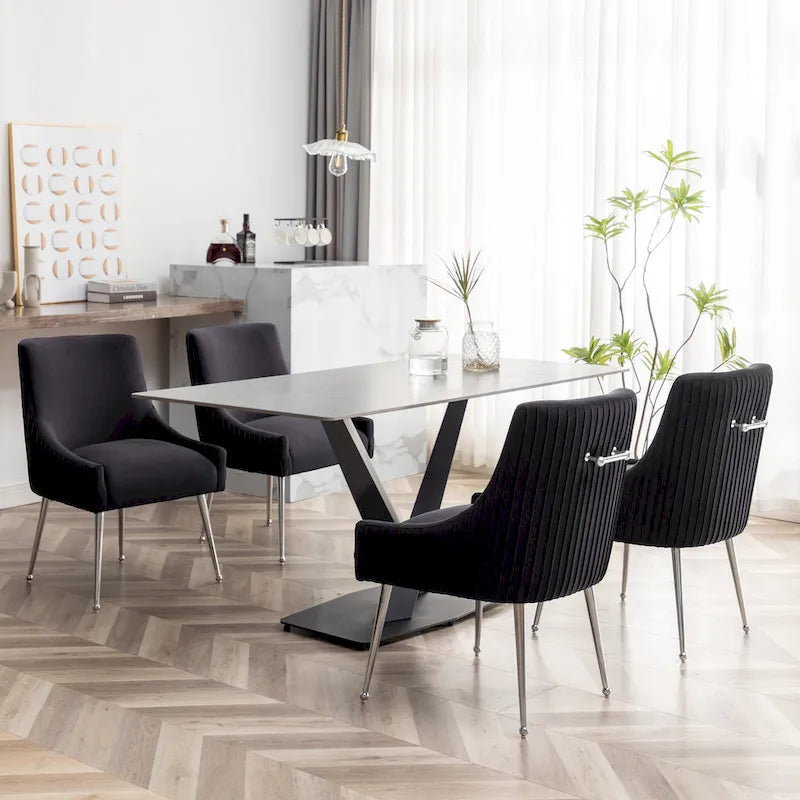 SEYNAR Modern Velvet Pleated Finish Back Dining Chair Set of 4 with Rear Handle