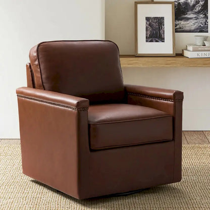 Rita Classic Genuine Leather Swivel Armchair With Nailhead Trims By HULALA HOME