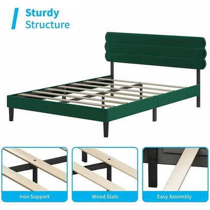 Mixoy Fabric Padded Bedroom Furniture,Upholstered Bed Frame with Velvet Tufted Headboard