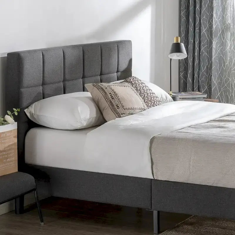 Priage by ZINUS Grey Upholstered Square Stitched Platform Bed Frame