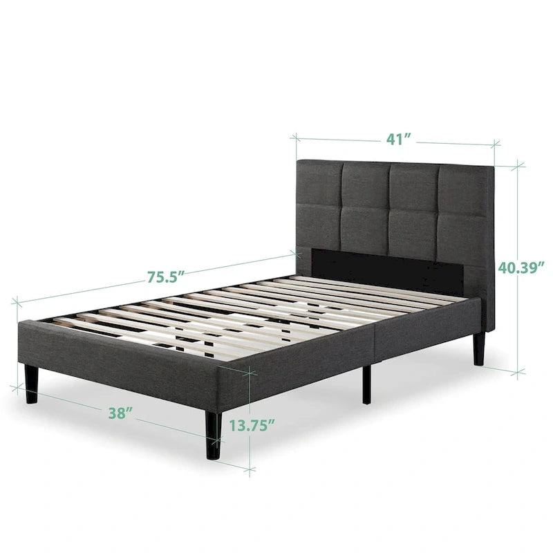 Priage by ZINUS Grey Upholstered Square Stitched Platform Bed Frame
