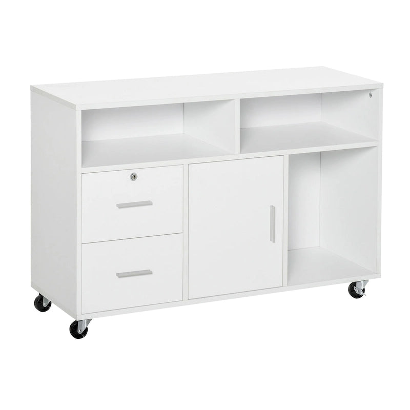 HOMCOM Printer Stand: Mobile Office Cabinet Organizer with Wheels and Drawer, White
