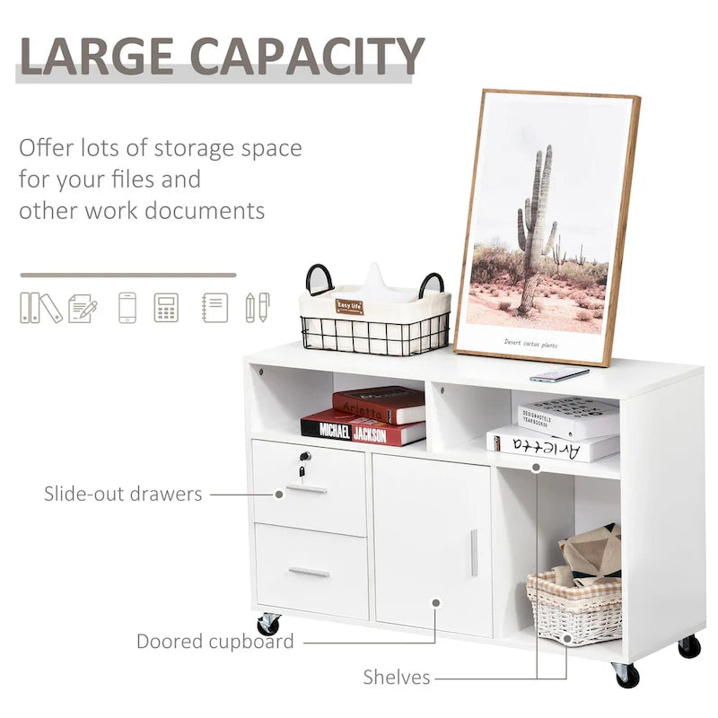 HOMCOM Printer Stand: Mobile Office Cabinet Organizer with Wheels and Drawer, White