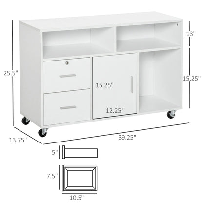 HOMCOM Printer Stand: Mobile Office Cabinet Organizer with Wheels and Drawer, White