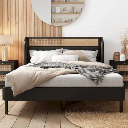 Rattan Wood Platform Queen Bed