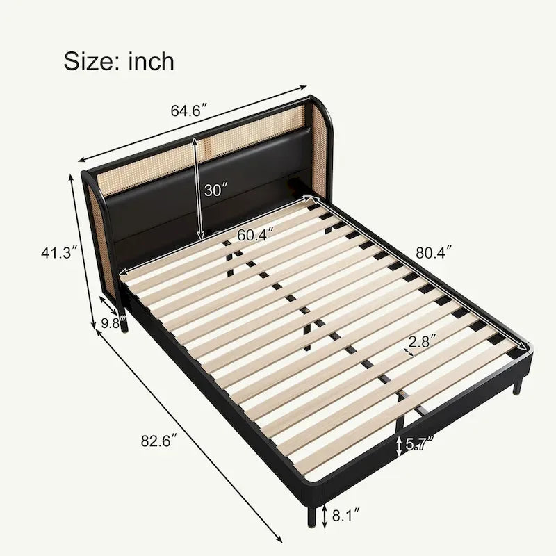 Rattan Wood Platform Queen Bed