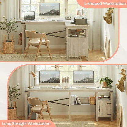 Farmhouse L Shaped Home Office Computer Desk with Storage Cabinet
