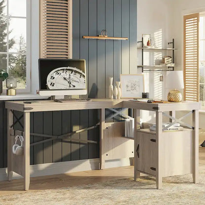 Farmhouse L Shaped Home Office Computer Desk with Storage Cabinet